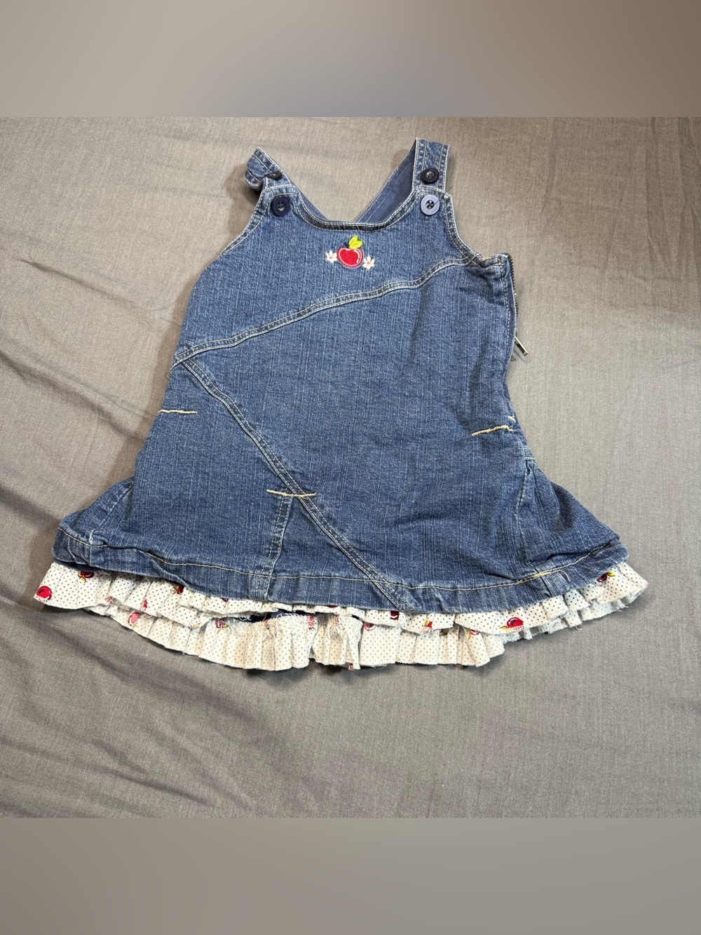 Vintage Wonderkids Blue Denim Pinafore Dress with Red Apple Patch